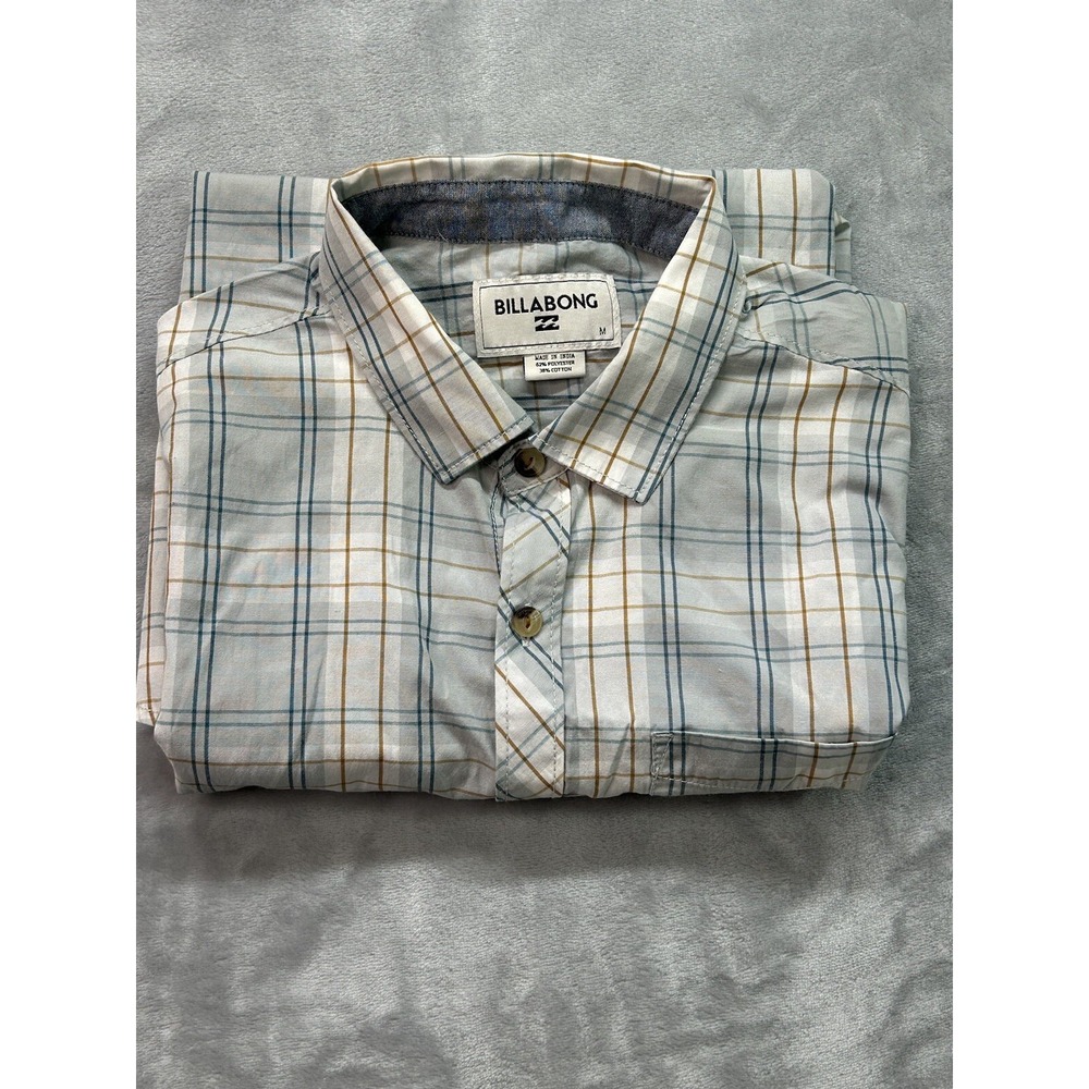 Billabong Mens Sz M Shirt Short Sleeve Blue/Grey Plaid Guys Casual Surf Beach